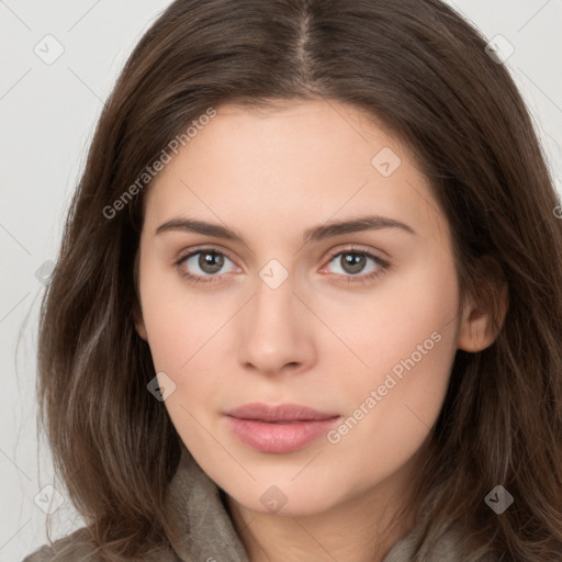 Neutral white young-adult female with long  brown hair and brown eyes