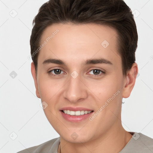 Joyful white young-adult female with short  brown hair and brown eyes