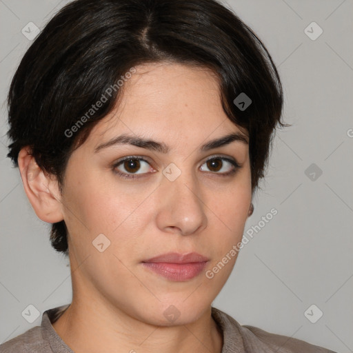 Neutral white young-adult female with medium  brown hair and brown eyes