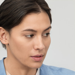 Neutral white young-adult female with short  brown hair and brown eyes