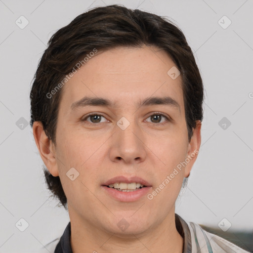 Joyful white young-adult male with short  brown hair and brown eyes