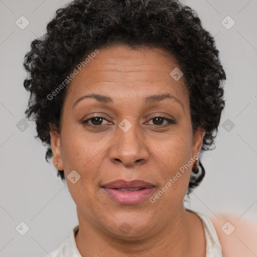 Joyful white adult female with short  brown hair and brown eyes