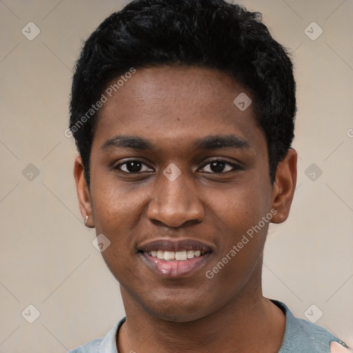 Joyful black young-adult male with short  black hair and brown eyes