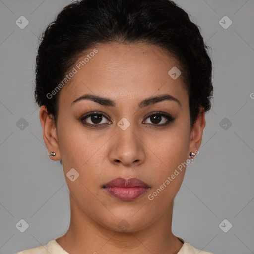 Neutral white young-adult female with short  brown hair and brown eyes