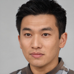 Neutral asian young-adult male with short  black hair and brown eyes