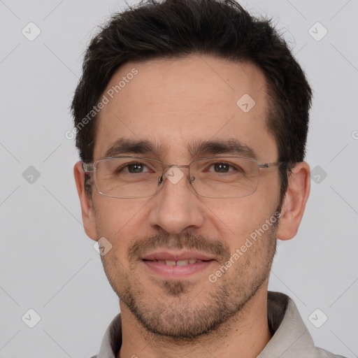 Joyful white adult male with short  brown hair and brown eyes