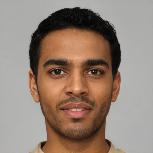 Neutral latino young-adult male with short  black hair and brown eyes
