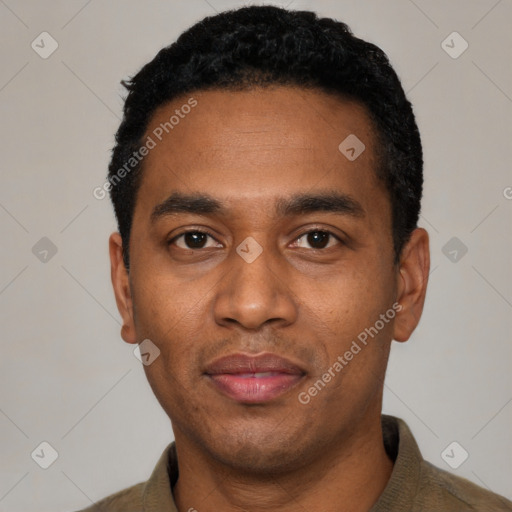 Neutral black young-adult male with short  black hair and brown eyes