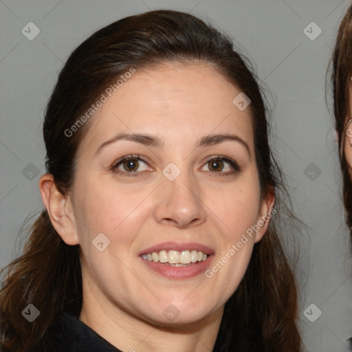 Joyful white young-adult female with medium  brown hair and brown eyes