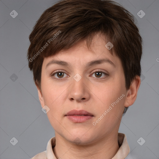 Neutral white young-adult female with short  brown hair and brown eyes