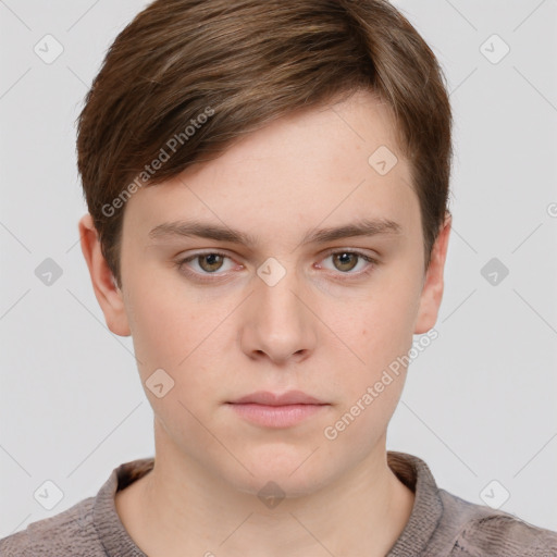 Neutral white young-adult male with short  brown hair and grey eyes