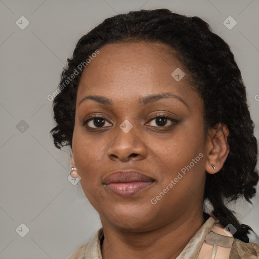 Joyful black young-adult female with medium  black hair and brown eyes