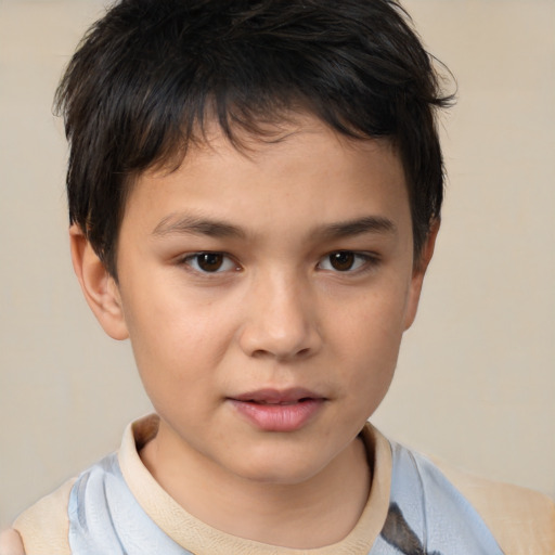 Joyful white child female with short  brown hair and brown eyes