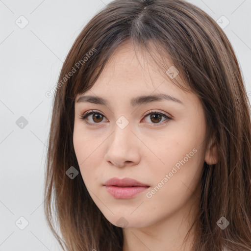 Neutral white young-adult female with long  brown hair and brown eyes