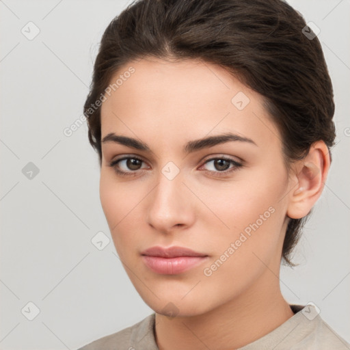 Neutral white young-adult female with short  brown hair and brown eyes