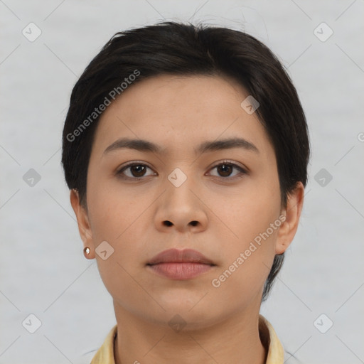 Neutral asian young-adult female with short  brown hair and brown eyes