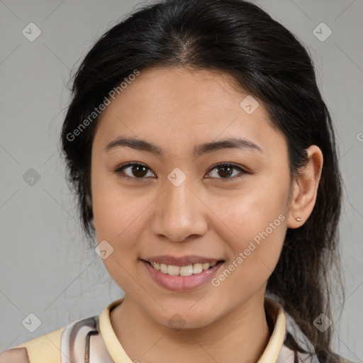 Joyful white young-adult female with medium  brown hair and brown eyes