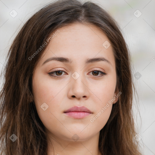 Neutral white young-adult female with long  brown hair and brown eyes