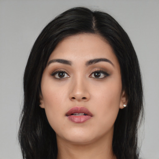 Neutral asian young-adult female with long  black hair and brown eyes