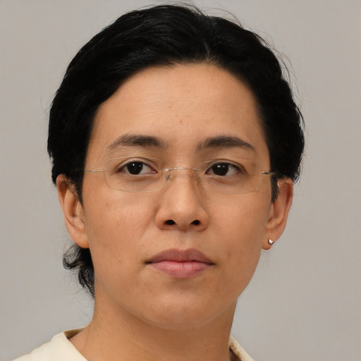 Neutral asian adult female with short  brown hair and brown eyes