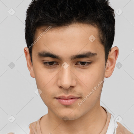 Neutral asian young-adult male with short  brown hair and brown eyes