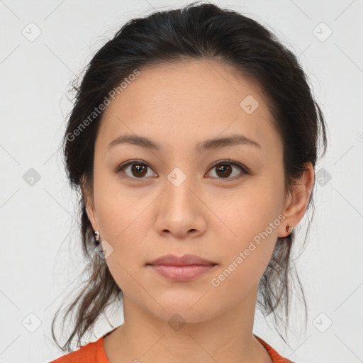 Neutral asian young-adult female with medium  brown hair and brown eyes