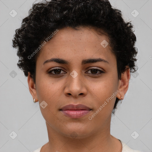 Joyful latino young-adult female with short  brown hair and brown eyes