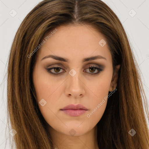 Neutral white young-adult female with long  brown hair and brown eyes