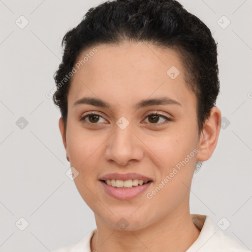 Joyful white young-adult female with short  brown hair and brown eyes