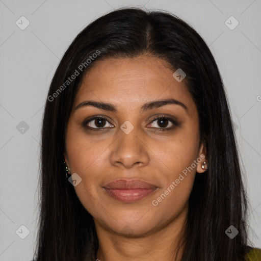 Joyful black young-adult female with long  brown hair and brown eyes