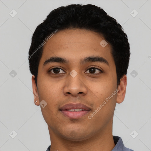 Neutral latino young-adult male with short  black hair and brown eyes