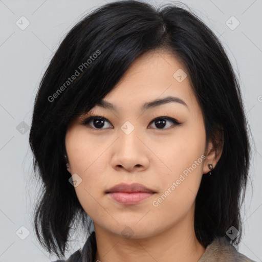 Neutral asian young-adult female with medium  black hair and brown eyes