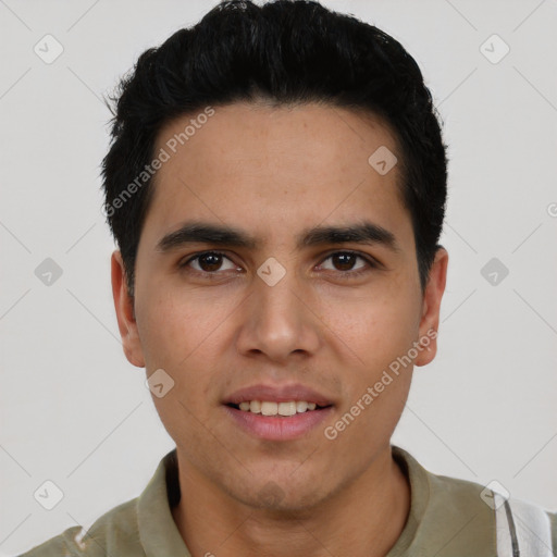 Joyful white young-adult male with short  black hair and brown eyes