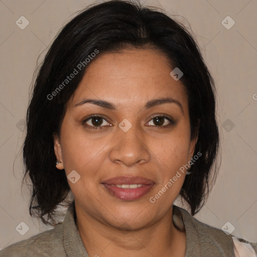Joyful black adult female with medium  brown hair and brown eyes