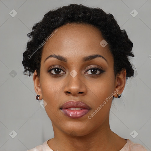 Neutral black young-adult female with short  black hair and brown eyes