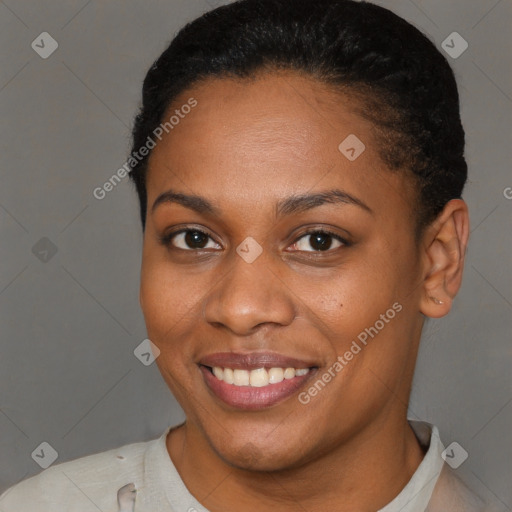 Joyful latino young-adult female with short  brown hair and brown eyes