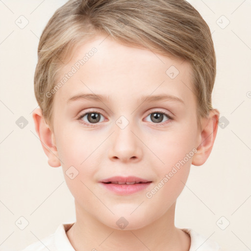 Joyful white child female with short  brown hair and grey eyes