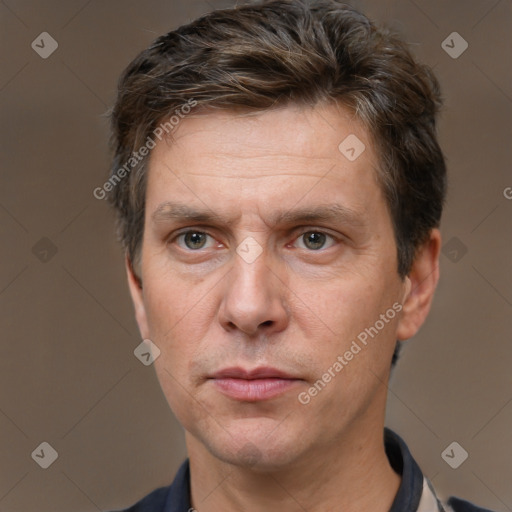 Neutral white adult male with short  brown hair and brown eyes