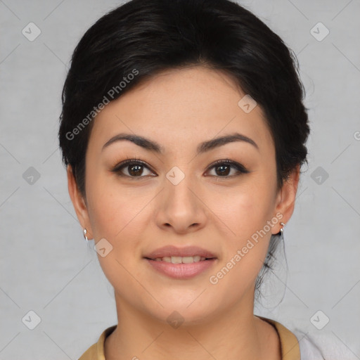 Joyful asian young-adult female with medium  black hair and brown eyes