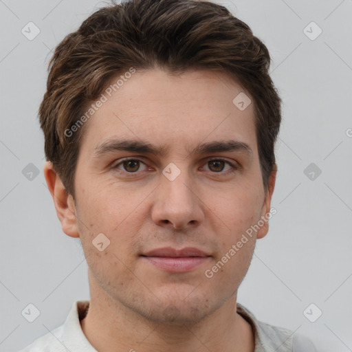 Neutral white young-adult male with short  brown hair and brown eyes