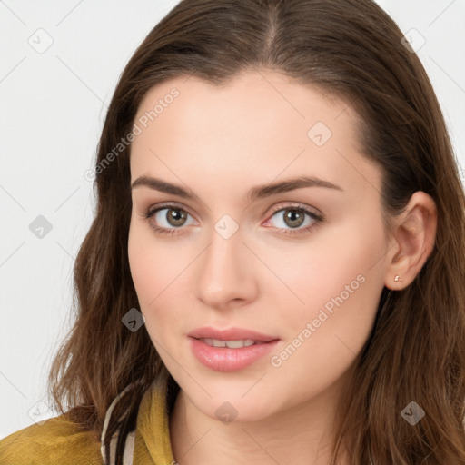 Neutral white young-adult female with long  brown hair and brown eyes