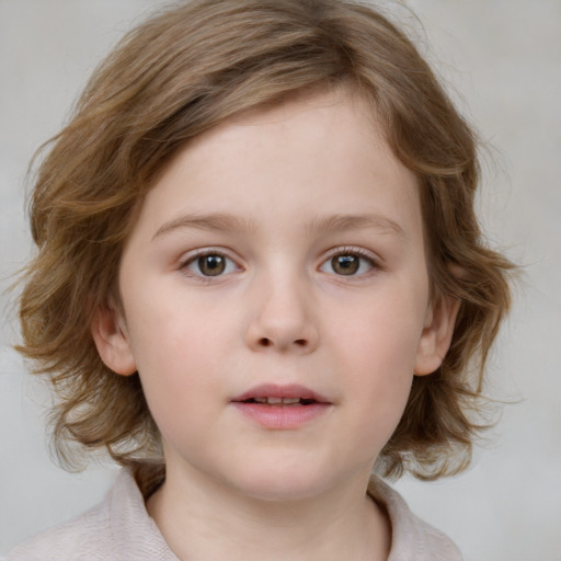 Neutral white child female with medium  brown hair and grey eyes