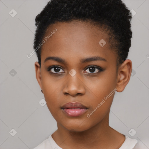 Neutral black young-adult female with short  brown hair and brown eyes