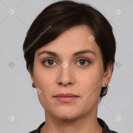 Neutral white young-adult female with short  brown hair and brown eyes