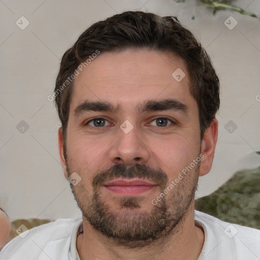 Neutral white young-adult male with short  brown hair and brown eyes