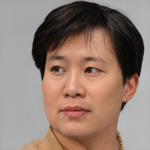 Joyful asian adult male with short  brown hair and brown eyes