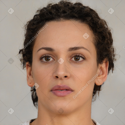 Neutral white young-adult female with medium  brown hair and brown eyes