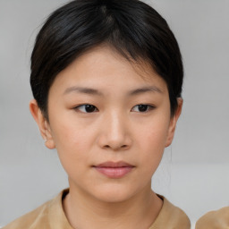 Neutral asian young-adult female with short  brown hair and brown eyes