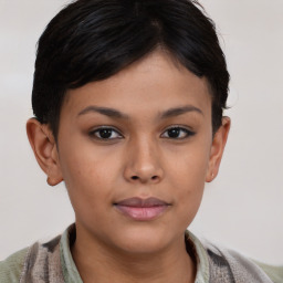 Neutral asian young-adult female with short  brown hair and brown eyes