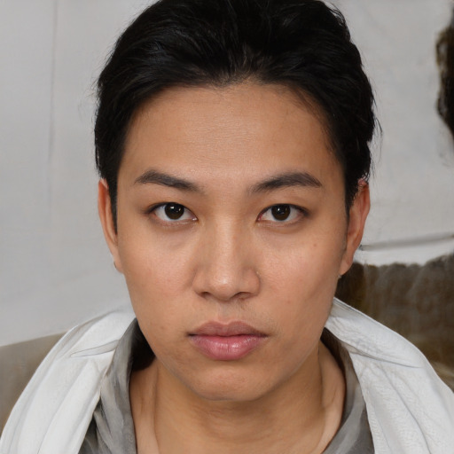 Neutral white young-adult female with short  black hair and brown eyes